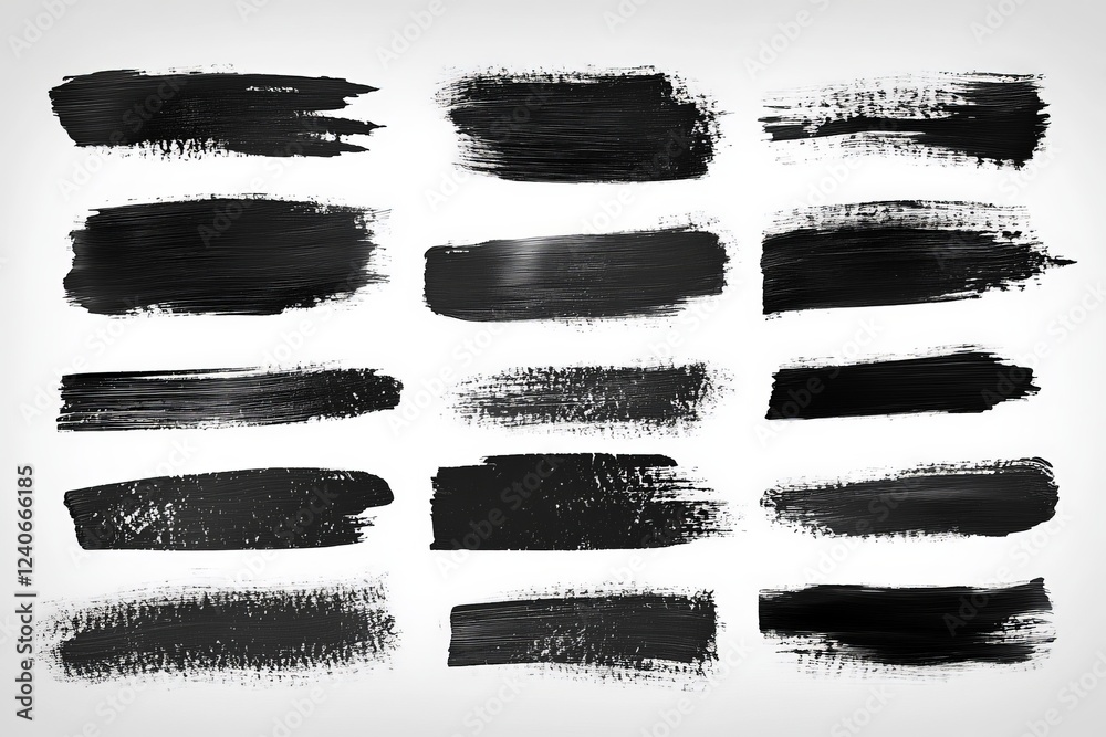 Poster Various black paint strokes arranged in different styles and textures on a plain background for creative design purposes