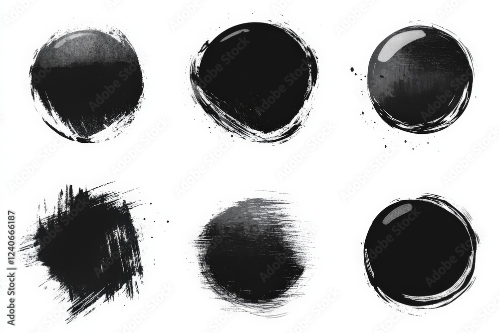 Poster variety of black paint textures on white background showcasing artistic brush strokes and circular p