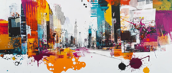 Mixed media collage capturing the vibrant essence of urban life in a playful design
