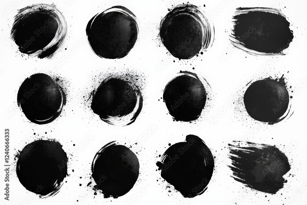 Poster creative arrangement of black and white paint strokes and circles on a light background showcasing a
