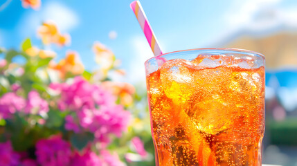A glass of orange soda with ice cubes and a slice of lime, placed on a wooden counter next to tropical fruits and a sunny beach view.