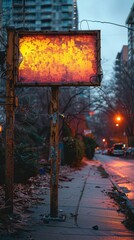 A small billboard placed at a busy intersection, with a bold and colorful advertisement.