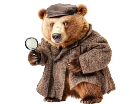 bear dressed as detective, holding magnifying glass, wearing coat and cap, exuding playful and curious vibe