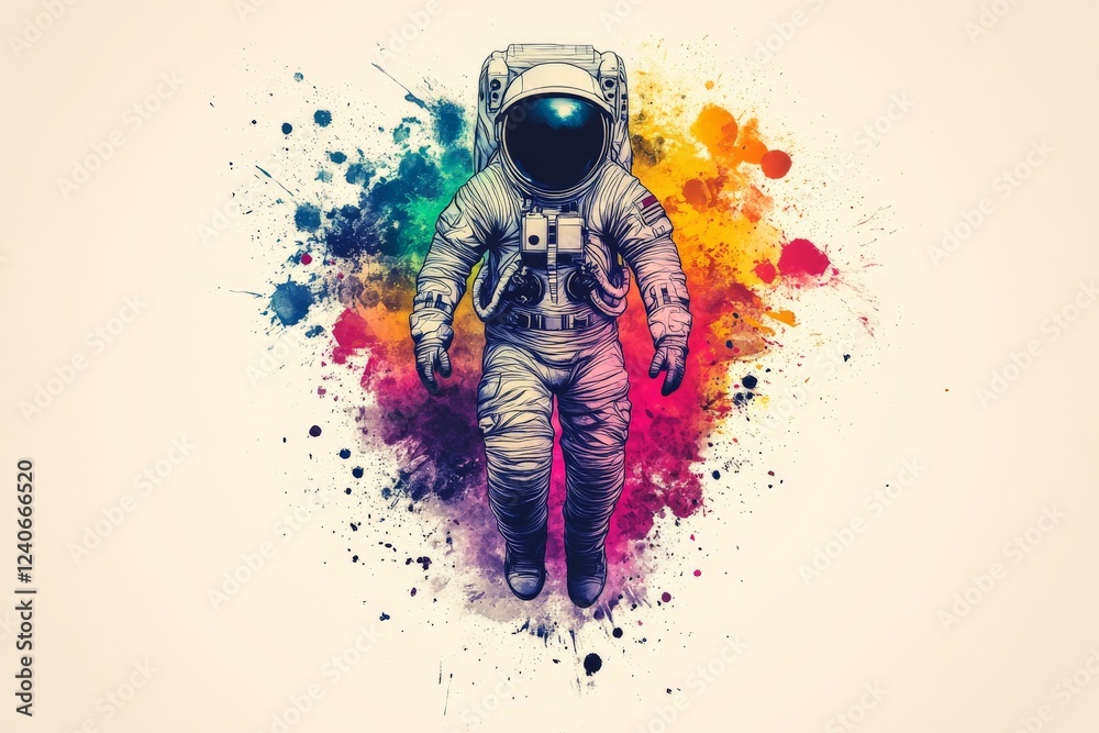 Poster astronaut floats in a vibrant cosmic space surrounded by colorful splashes of paint