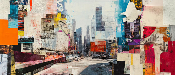 Creative collage of cityscape showcasing colorful textures and vibrant elements