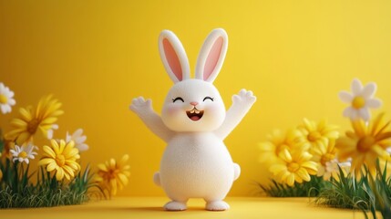 Obraz premium Happy Cartoon Rabbit Character with Flowers and Bright Background
