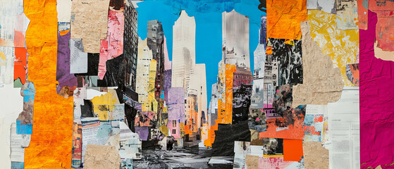 Fototapeta premium Mixed media collage representing an urban landscape with vibrant textures and colors