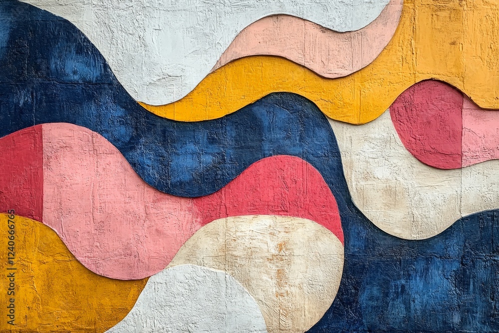 Poster colorful abstract mural featuring flowing shapes and vibrant colors in urban setting