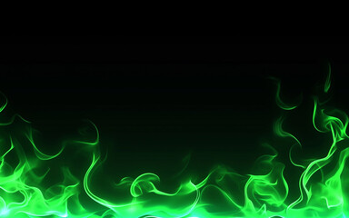 Green flames on black background, smoke, glow