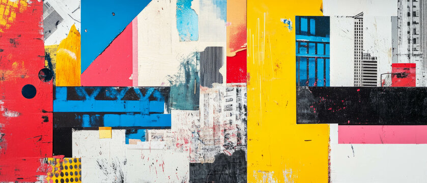 Minimalistic city-themed mixed media collage with vibrant primary colors and textures