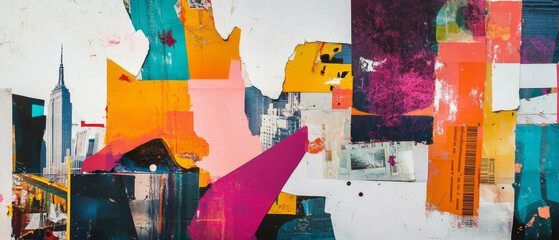 Playful mixed media collage exploring urban themes with vibrant colors and textures