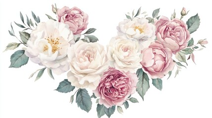 Naklejka premium Whimsical watercolor floral heart made of roses and peonies, romantic botanical design, isolated on white