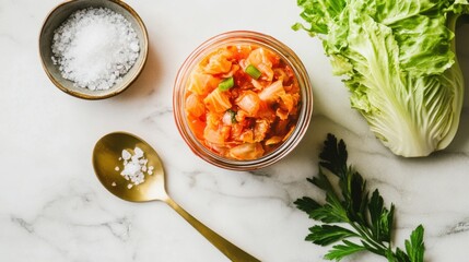 Fresh Homemade Kimchi in a Jar on Marble Surface with Salt and Greens for Healthy Fermented Cuisine