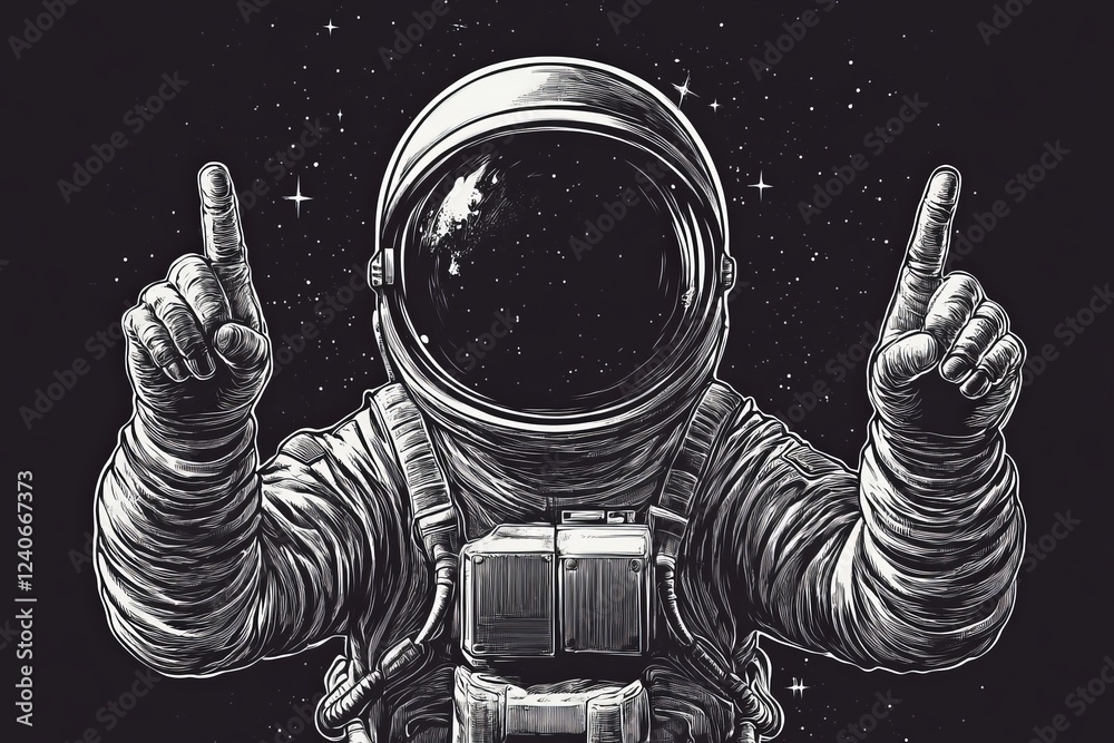 Poster astronaut pointing in the cosmos while showcasing the vastness of space exploration and discovery