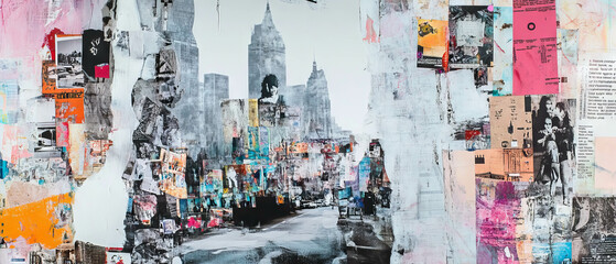 Exploring a vibrant city through minimalistic mixed media collage art