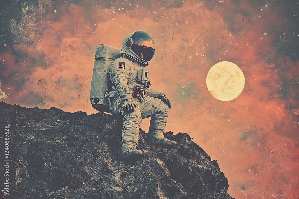 Poster astronaut sitting on rocky surface during twilight on a distant planet with a full moon