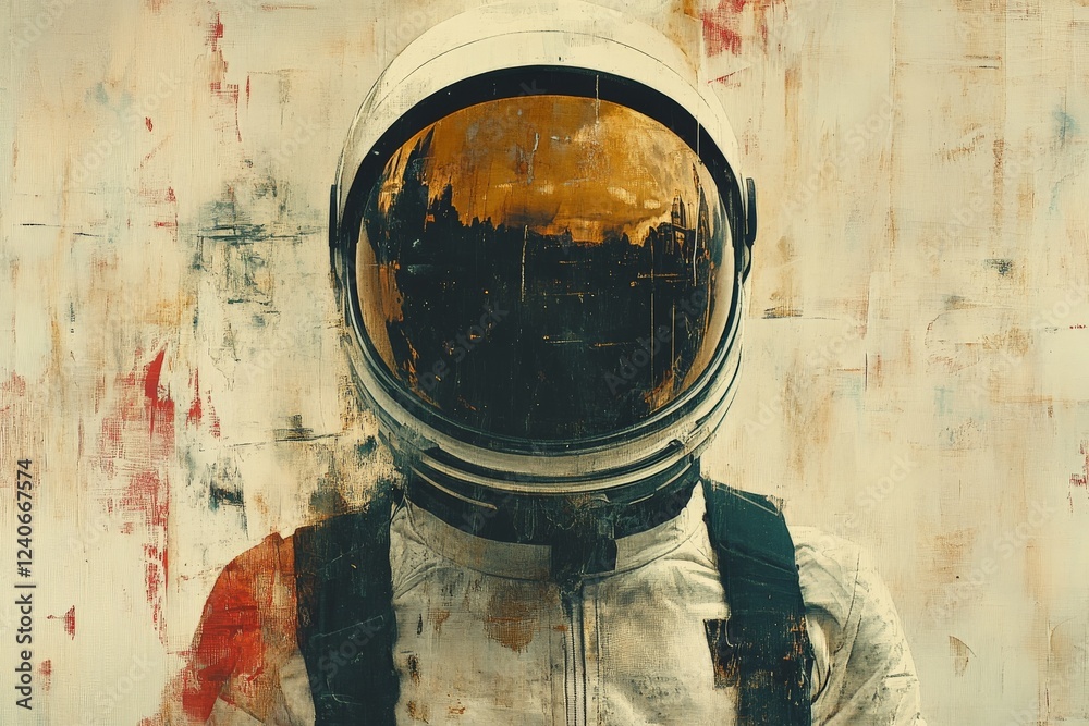 Poster astronaut in a reflective visor against an abstract background showcasing urban landscapes and color
