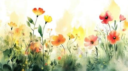 Whimsical watercolor floral illustration with bright spring flowers and green leaves, isolated on white