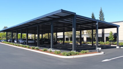 Fototapeta premium Freshly painted steel beams extending a parking lot roof.