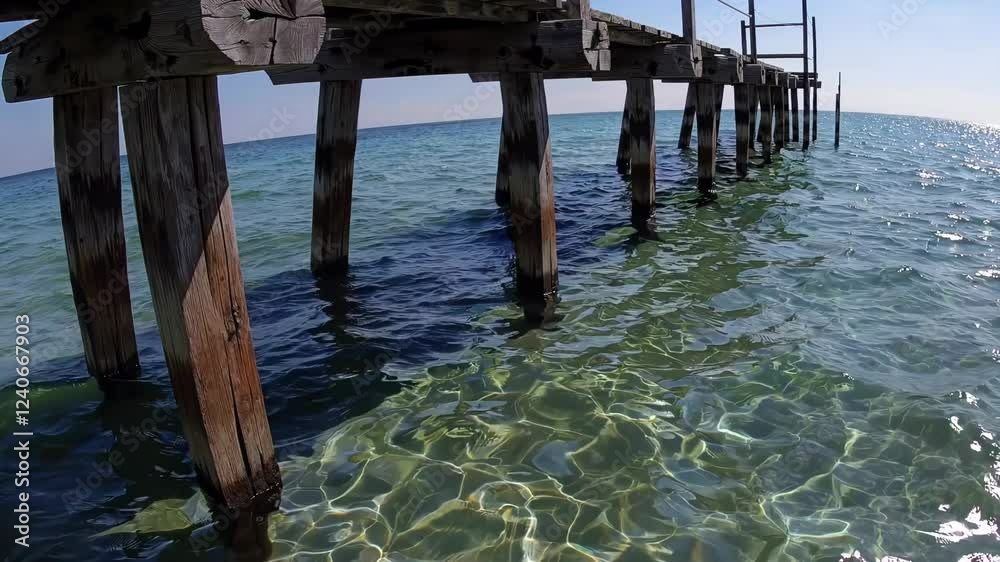 Poster A rustic pier extending into a pristine, aqua lagoon, with gentle waves lapping under bright midday light.
