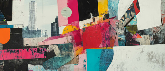 Minimalistic mixed media collage capturing urban textures and vibrant colors