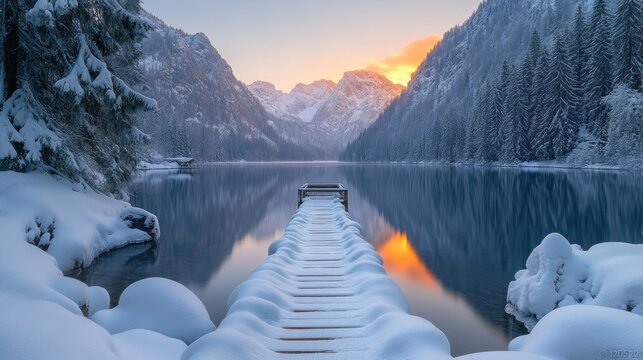 Snowy mountain lake pier sunrise winter calm