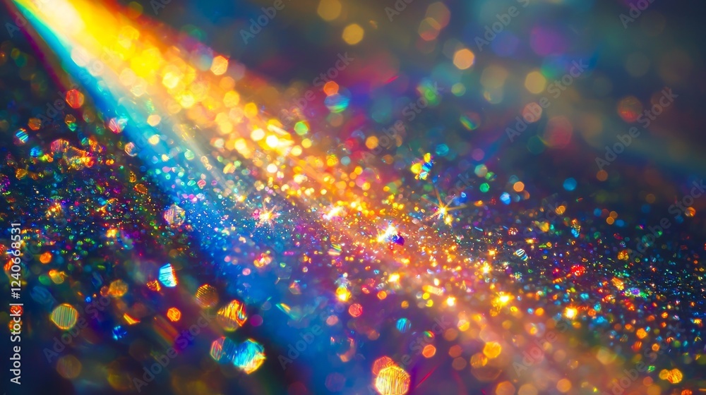 Poster Bright rays illuminate a kaleidoscope of colors as shimmering particles float gracefully through the air, creating an enchanting atmosphere filled with magic and wonder