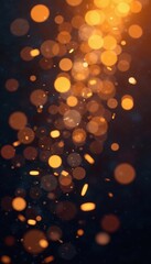 Fototapeta premium Golden confetti shower against blurred lights, glitter, confetti, party