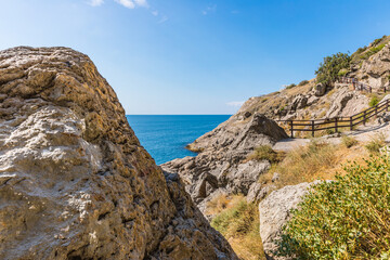 Views from the Golitsyn Trail - a mountain trail carved on the slope of Mount Koba-Kaya, located along the coastline southwest of the village of Novy Svet, Crimea, Russia