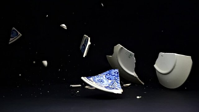 Slow-motion footage of a hand-painted plate breaking on impact with the floor. Shards fly outward, set against a sleek matte black surface.
