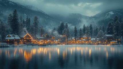 Fototapeta premium Snowy mountain lake village night lights