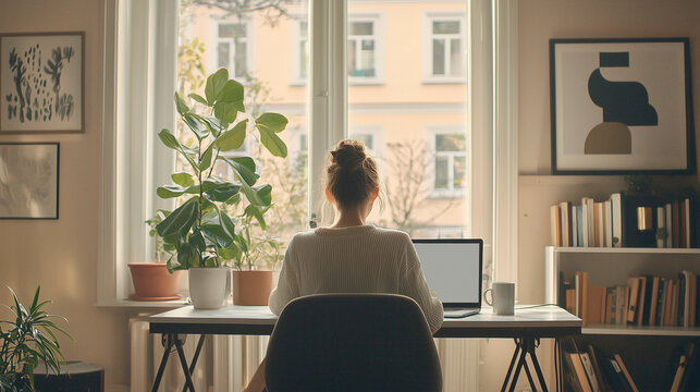 Hell und gem&uuml;tlich eingerichtetes Homeoffice mit Laptop, ergonomischem B&uuml;rostuhl und Zimmerpflanzen vor einem gro&szlig;en Fenster, modernes skandinavisches Design mit nat&uuml;rlichem Lichteinfall