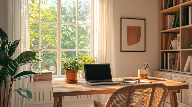 Hell und gem&uuml;tlich eingerichtetes Homeoffice mit Laptop, ergonomischem B&uuml;rostuhl und Zimmerpflanzen vor einem gro&szlig;en Fenster, modernes skandinavisches Design mit nat&uuml;rlichem Lichteinfall