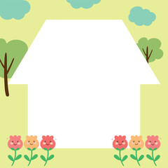 Fototapeta premium Cute house in paper note. Cartoon design stationery template. Image for cards, stickers, paper sheets. Kawaii