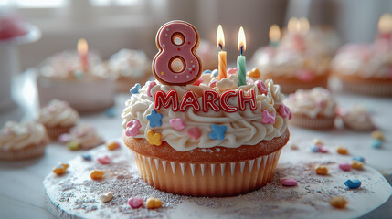 International Women's Day, March 8, cupcake with number 8 on top cake candles and text "March". Horizontal photography. Copy space