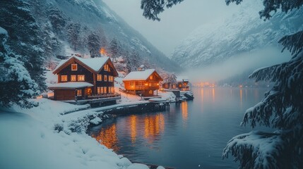 Fototapeta premium Snowy mountain lake village night scene