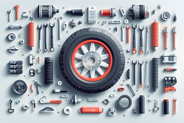 Bold Graphic of Automotive Parts and Tools Centered Around a Car Tire
