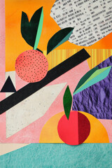 Playful minimalistic collage featuring geometric shapes and vibrant fruit outlines