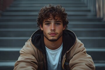 Fototapeta premium Brooding Teen Skateboarder Sitting on Urban Steps Backdrop