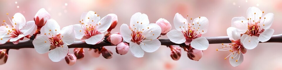 Cherry Tree Branch. Exquisite Spring Flowers in Bloom. Pink Blurred Garden in Background.