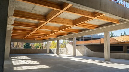 Fototapeta premium Light filtering through gaps in a partially built parking shelter roof.
