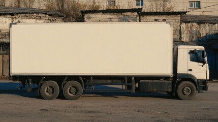 A cargo trailer with a blank white billboard is parked on a city street, ready for advertising. The side view highlights the space available for branding against the backdrop of a building facade.