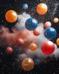 Fototapeta premium Bursting Multicolored Balloons and Powder Sprays in Festive