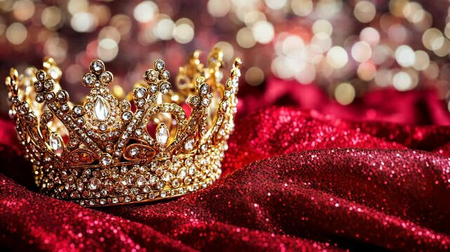 Elegant golden crown resting on rich red fabric with sparkling background for a royal celebration or event