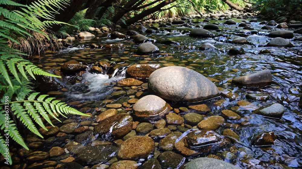 Poster a tranquil stream flowing over smooth river stones surrounded by lush ferns, dappled sunlight shinin