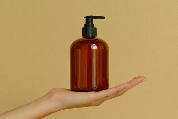 A hand gripping an amber spray bottle, shown on a neutral-colored backdrop.