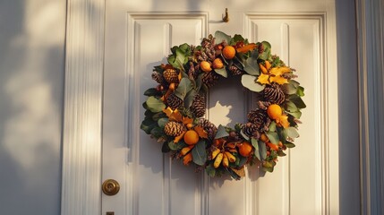 Beautiful autumn wreath of fruits and leaves hangs on a white door, celebrating the warmth of the season effortlessly.