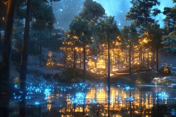 Naklejka premium Enchanting journey through a futuristic forest of metallic trees and glowing leaves whimsical nature scene dreamy environment surreal viewpoint