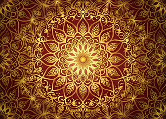 Golden Mandala Pattern on Red Background. Ornamental Art Design