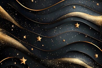 Chic Black and Gold Elegant Birthday Design with Swirling Stripes Twinkling Stars and Shimmering Confetti